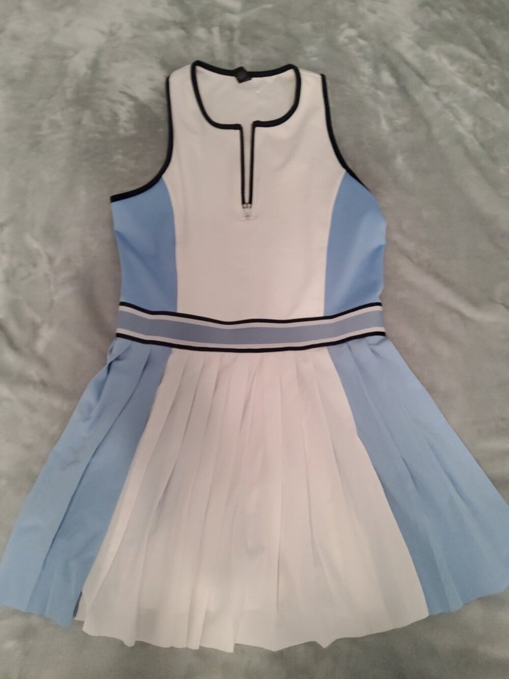 Greyson White and Light Blue Sleeveless Pleated Tennis Dress